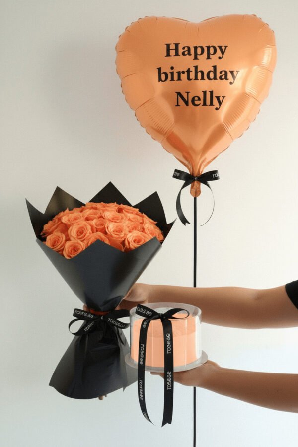 Orange Roses card, cake, balloon