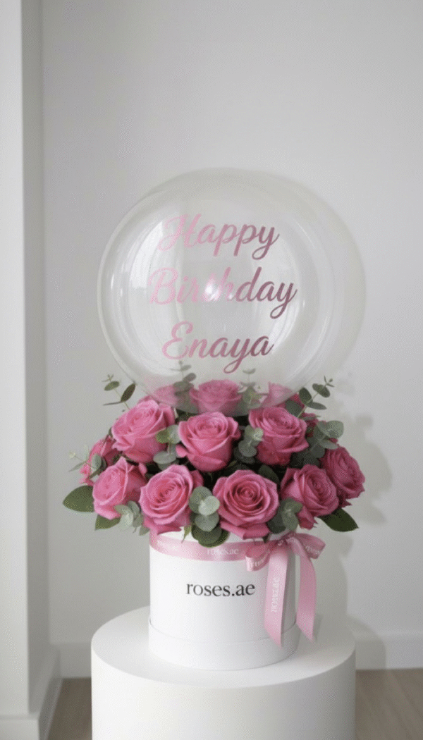 Bubble balloon box & pink roses