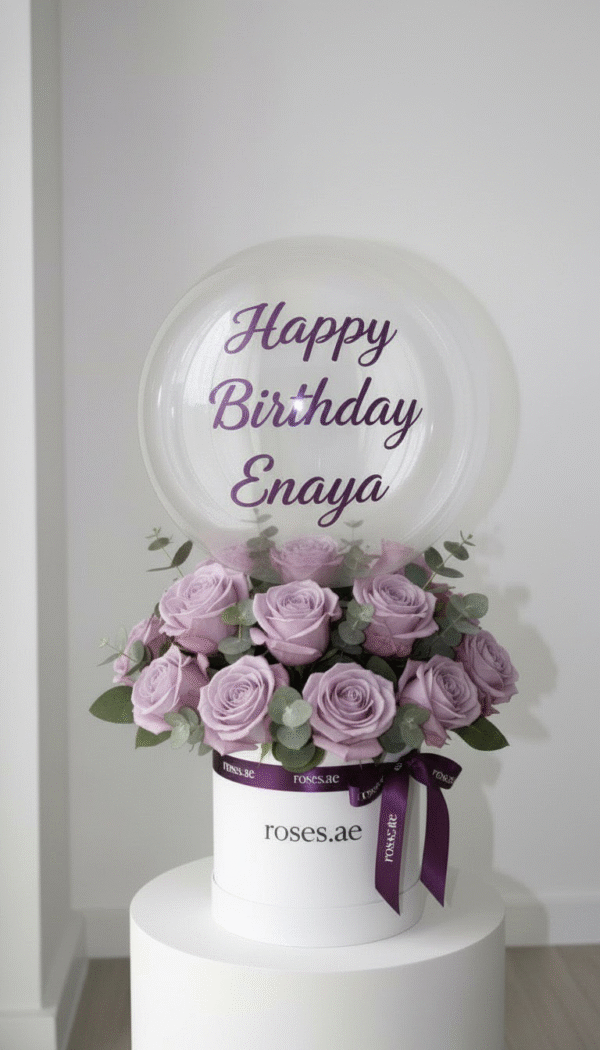 Bubble balloon box & purple roses